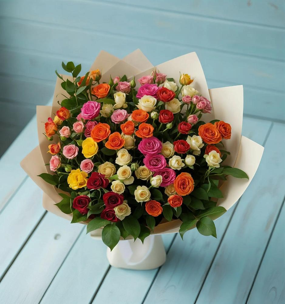 Букет Микс из разноцветных кустовых роз в Раменье