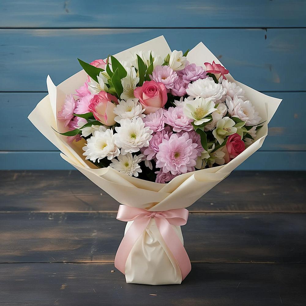 Букет цветов из: Хризантемы, Альстромерии и Розы в Раменье